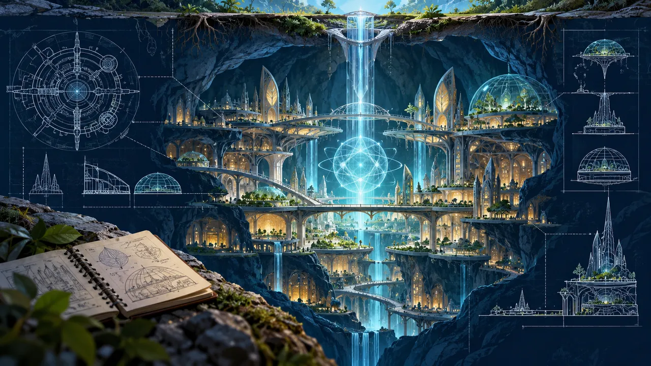 A conceptual underground fairy-world blueprint with a small notebook and a technology-inspired circular portal.