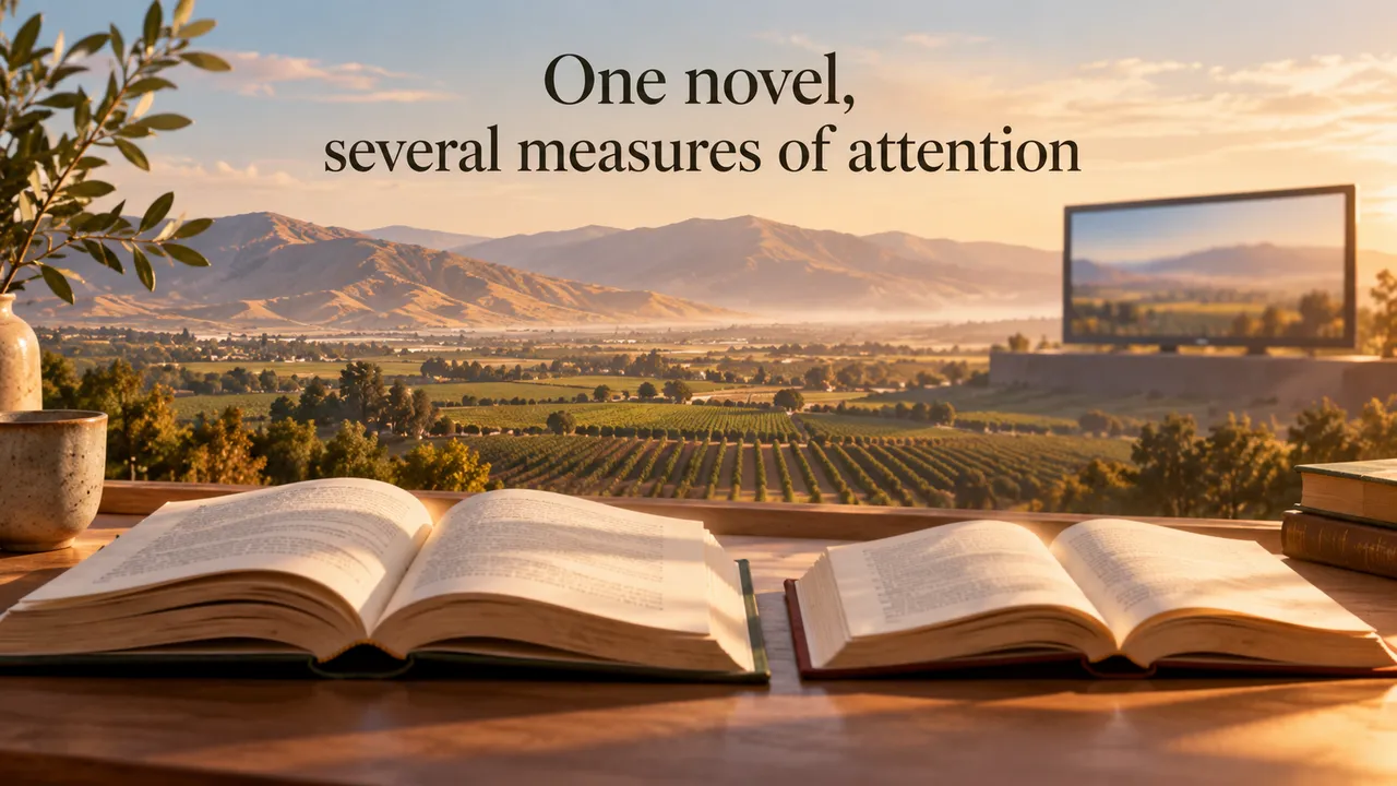 A conceptual Salinas Valley landscape with two open books and a small series screen motif.