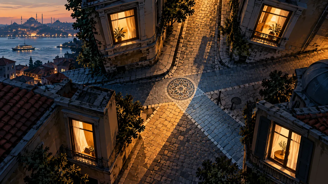 An abstract Istanbul street grid with two intersecting paths and four framed windows.