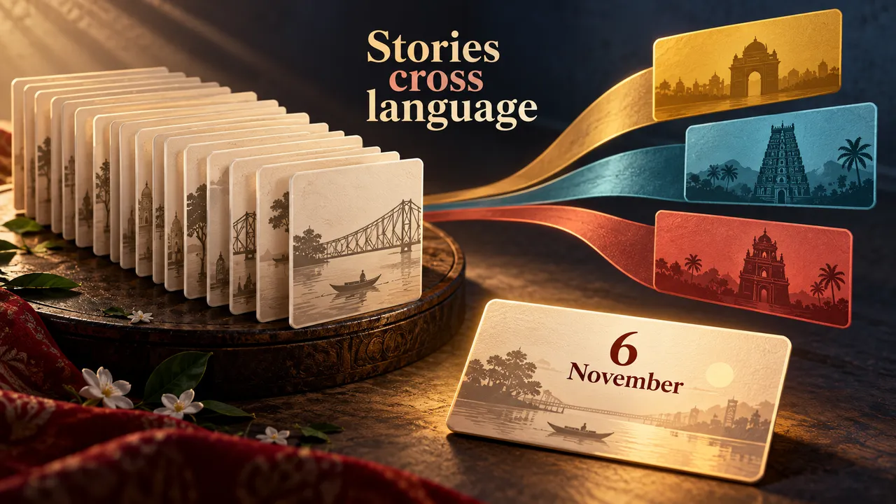 A conceptual illustration of a Bengali-first title collection branching into three language paths for Indian streaming audiences.