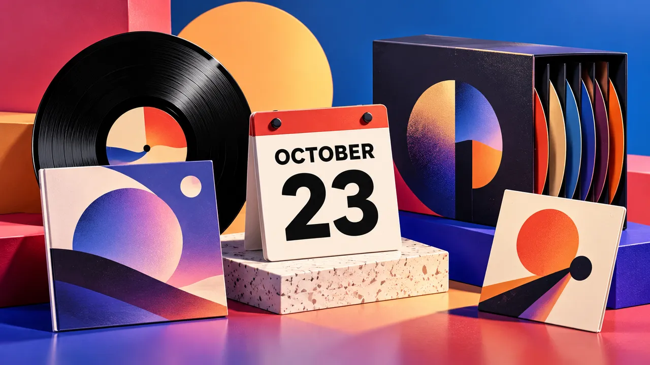 A conceptual release calendar beside abstract vinyl, CD and single sleeves.
