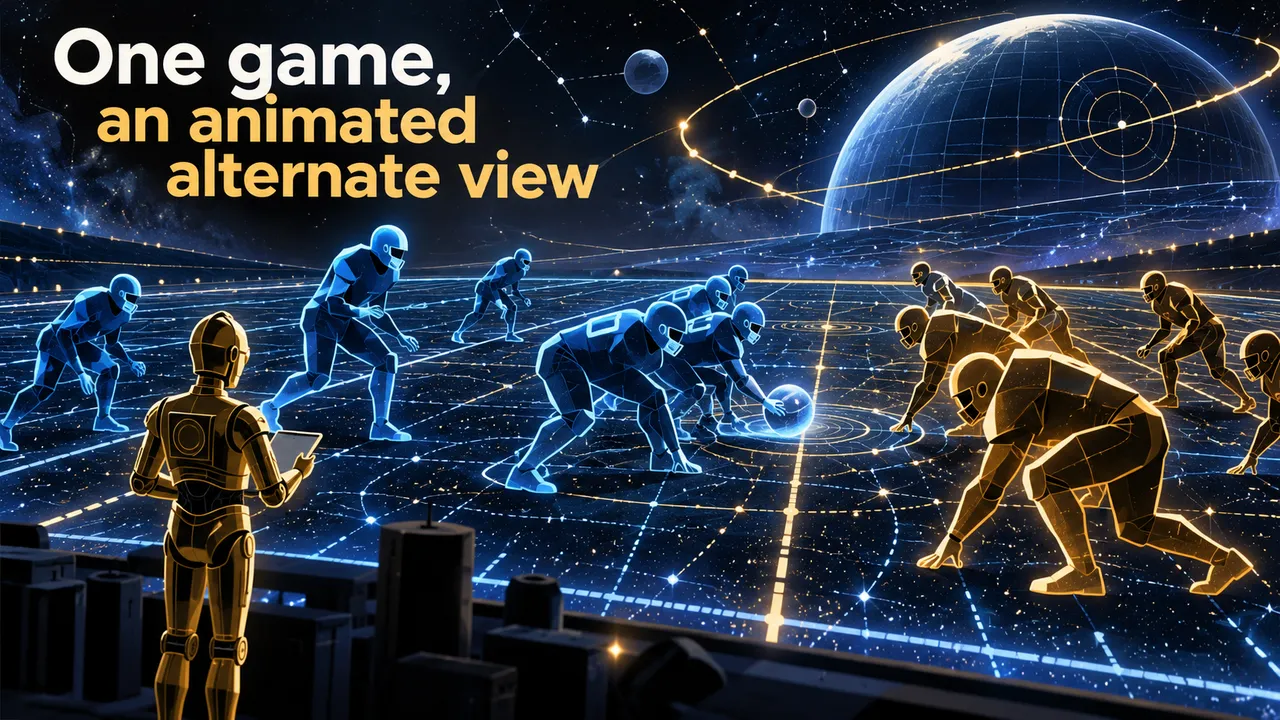A conceptual football field drawn as a star map with anonymous player avatars and a small protocol-droid silhouette.