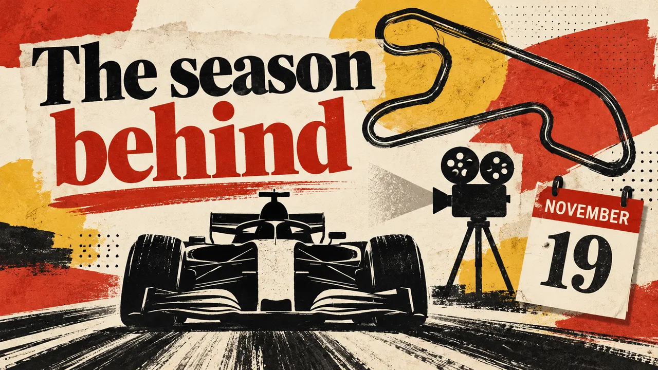 A flat drawn open-wheel car, racetrack outline, camera symbol and November 19 calendar appear beneath The season behind.