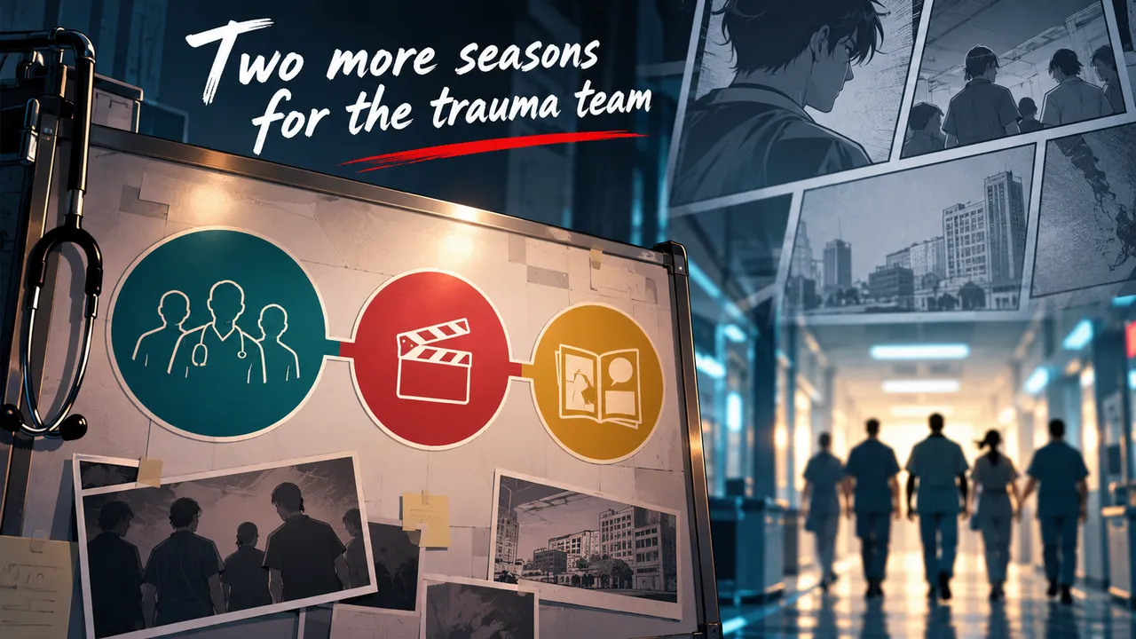 A conceptual hospital trauma-team board with three connected season markers and an abstract emergency corridor.