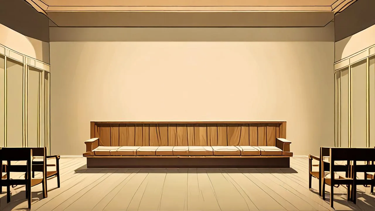 A conceptual illustration of a bare theatre stage set with a plain wooden bench and two empty chairs on a light wooden floor.