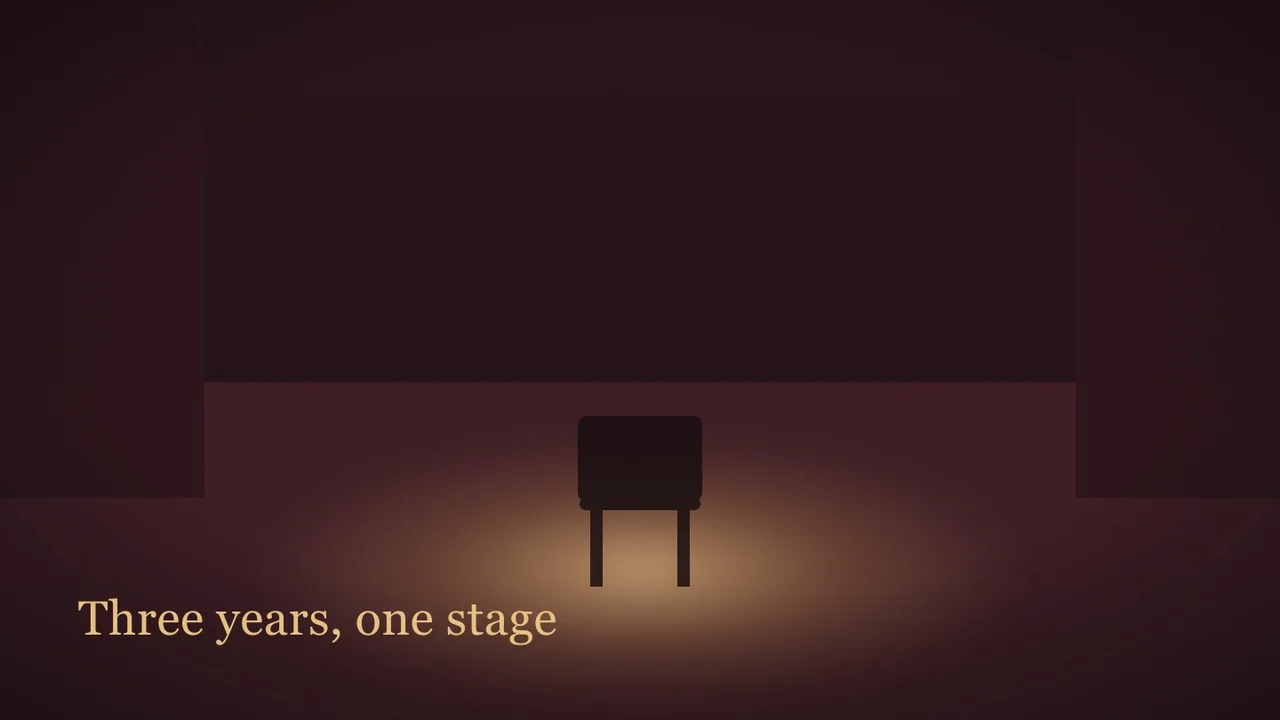 A flat conceptual editorial illustration: an empty band stage, deep burgundy velvet side drapes, a single warm spotlight pooling on bare boards and one stool with a microphone stand at the centre. Concert staging reduced to flat geometric shapes. No people, no faces, no band logos, no instruments br