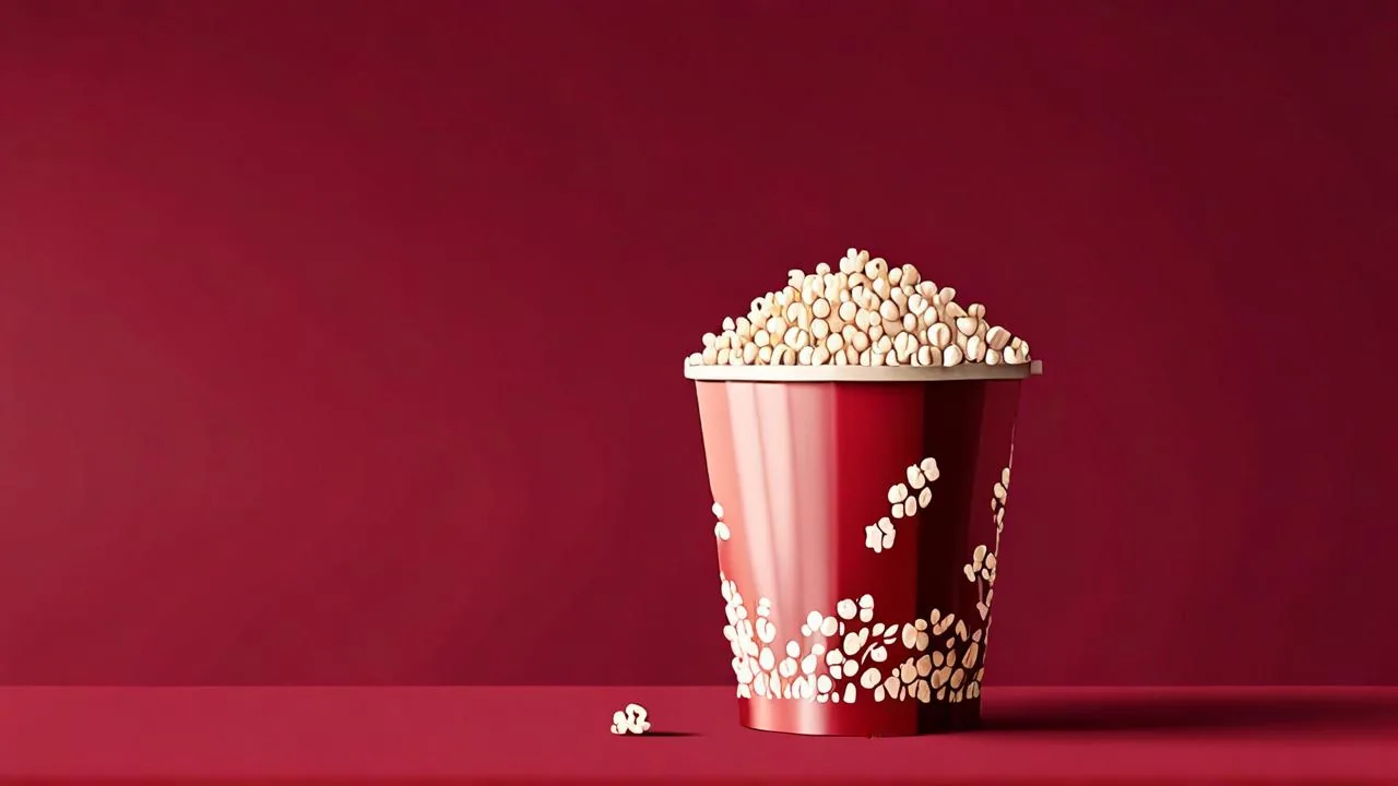 A conceptual illustration of a single paper popcorn bucket filled with popcorn against a plain burgundy wall.