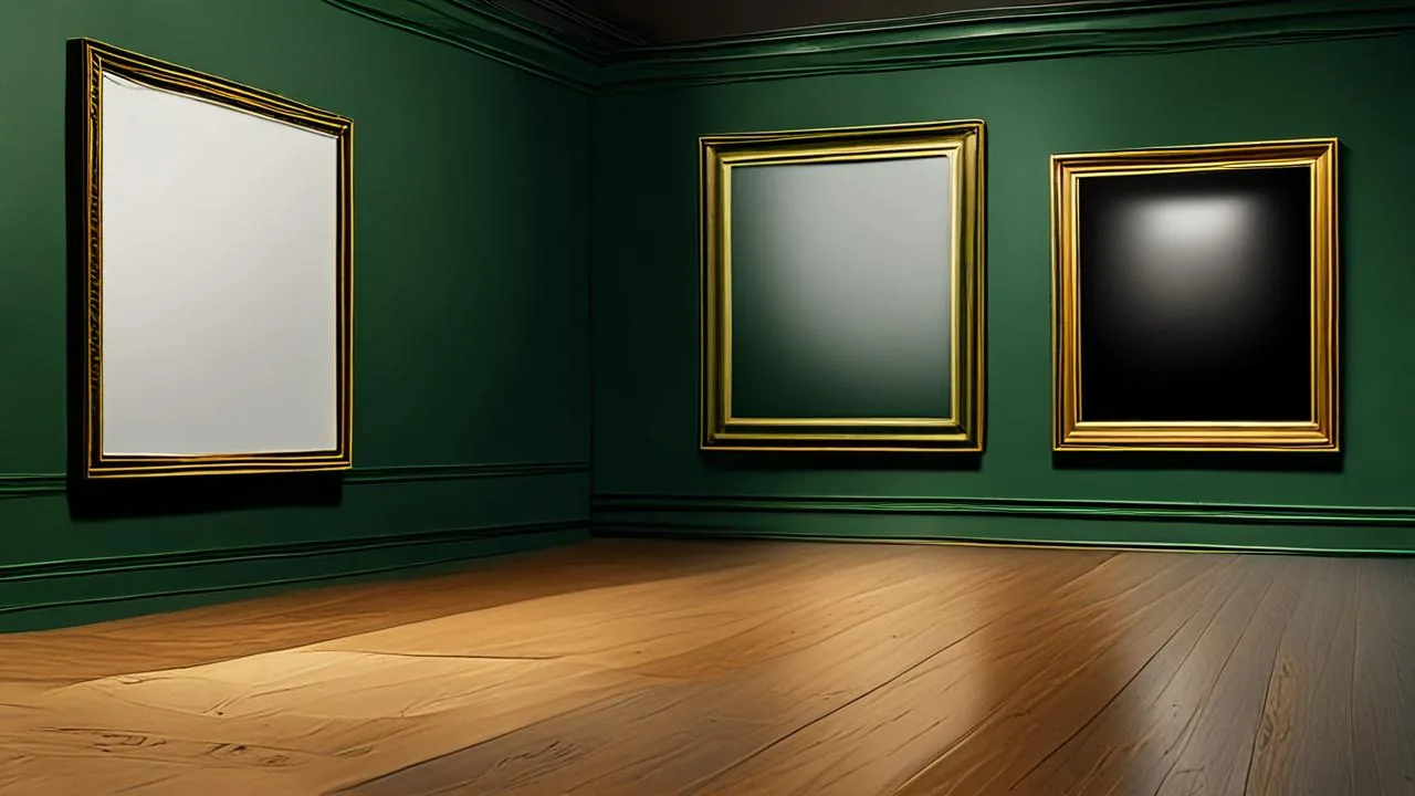 A conceptual illustration of an empty gallery with three blank gilt frames on a deep green wall, a warm light pool on a wooden floor.