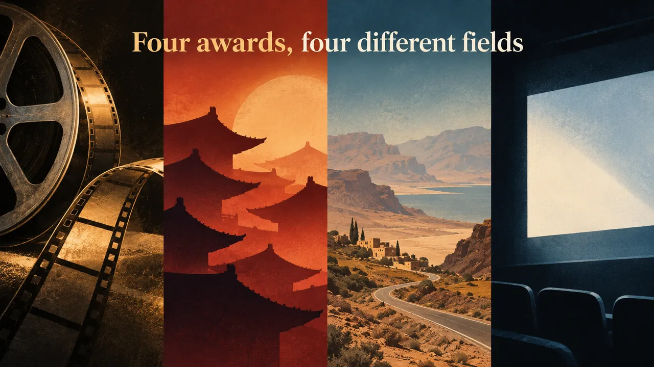 A conceptual four-panel film festival program with archival frames, temple shapes, documentary landscape and a short-film screen.