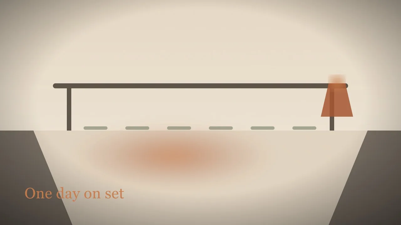 A flat conceptual editorial illustration: a bright, empty production office seen from above the table, a long pale desk with six blank script folders in a row, a single lamp at one end, warm cream and terracotta palette. The room reads as a set that has just been opened for a single day of work. No 