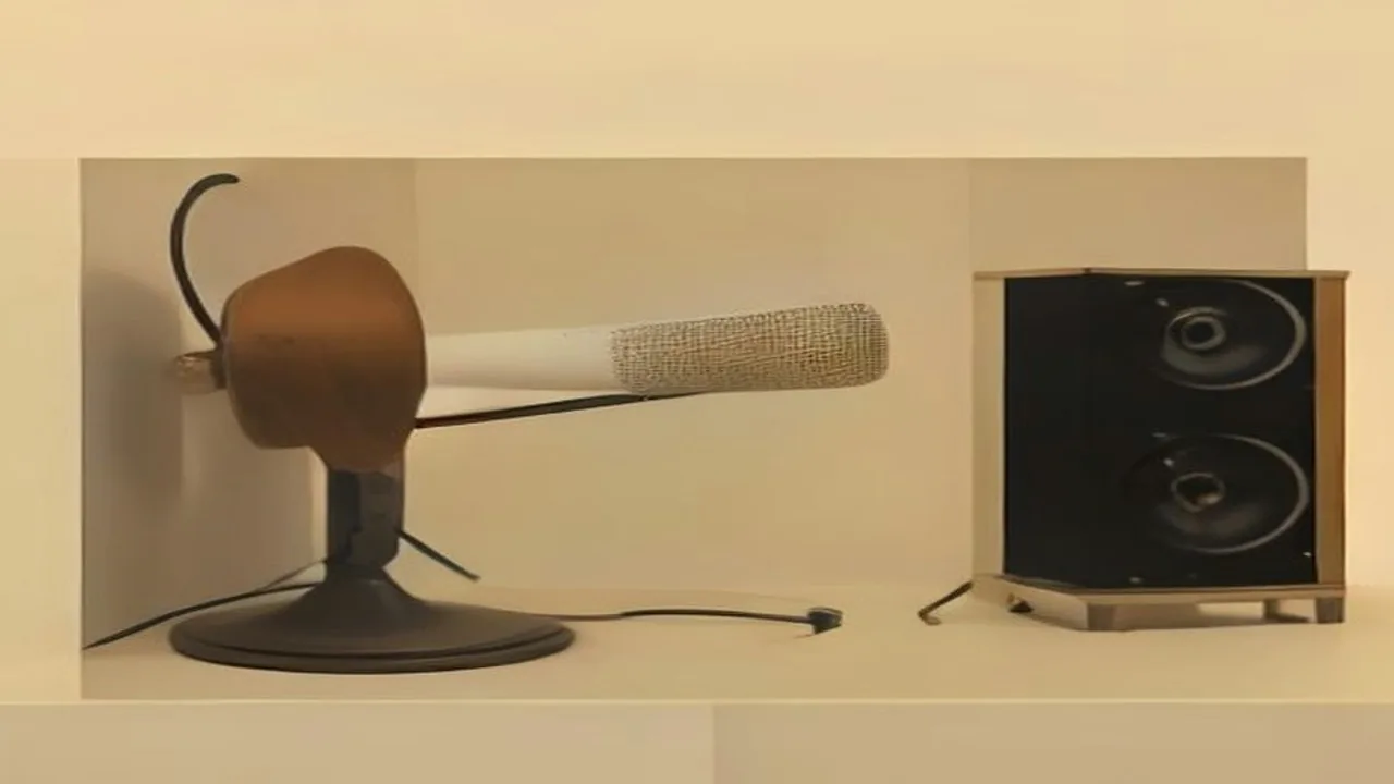 A flat conceptual editorial illustration: a vintage ribbon microphone on a straight stand against a warm cream studio wall, the grille drawn as clean horizontal lines, a soft rust floor shadow. A quiet studio corner with nobody in it. No people, no faces, no record sleeves, no logos and no readable