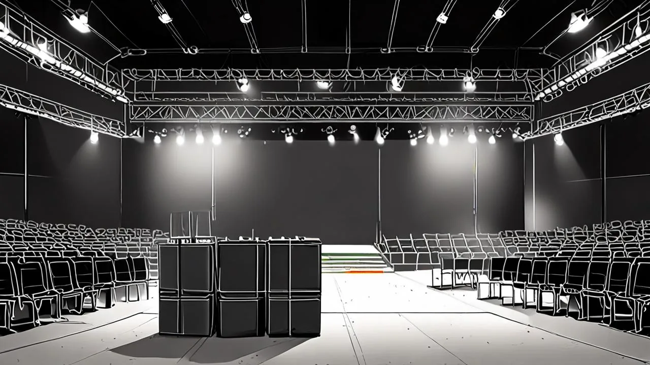 A conceptual monochrome illustration of an empty arena after load-out: black road cases on the stage, dark rows of empty seats, truss lighting overhead.