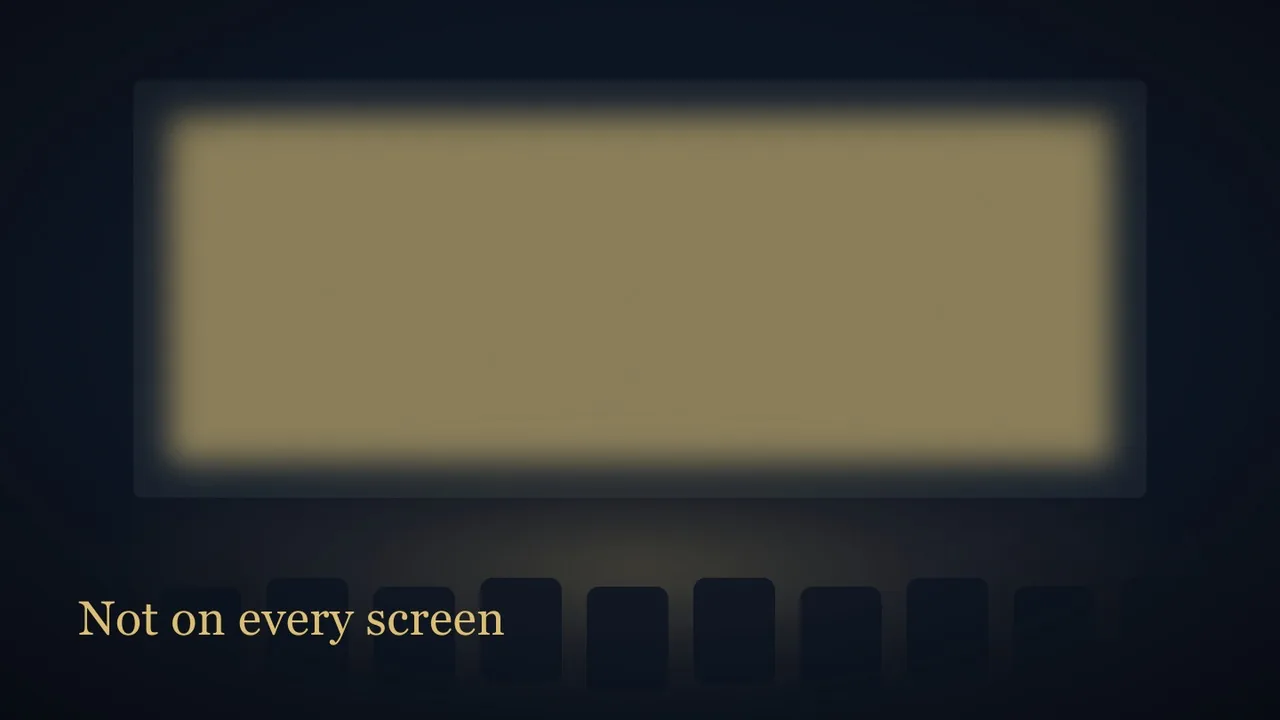 A flat conceptual editorial illustration: a dark auditorium with one very large blank bright screen and a row of empty seat silhouettes in the foreground; the screen is empty, no footage, no logos, no ratings card. Night blue and warm screen glow, flat geometry. No people, no faces and no readable t