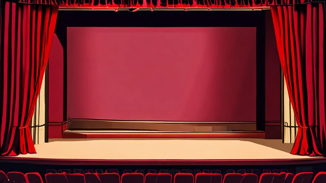 A conceptual illustration of an empty theatre stage with a blank pale screen framed by deep red curtains.