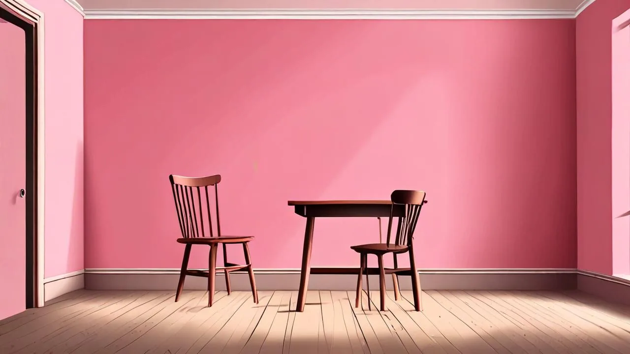 A conceptual illustration of a bare pink room with a small wooden table and two empty chairs.