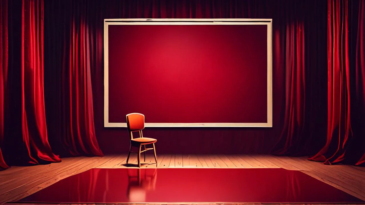 A conceptual illustration of an empty cabaret stage with a single wooden chair, deep red velvet curtains and a blank screen behind it.