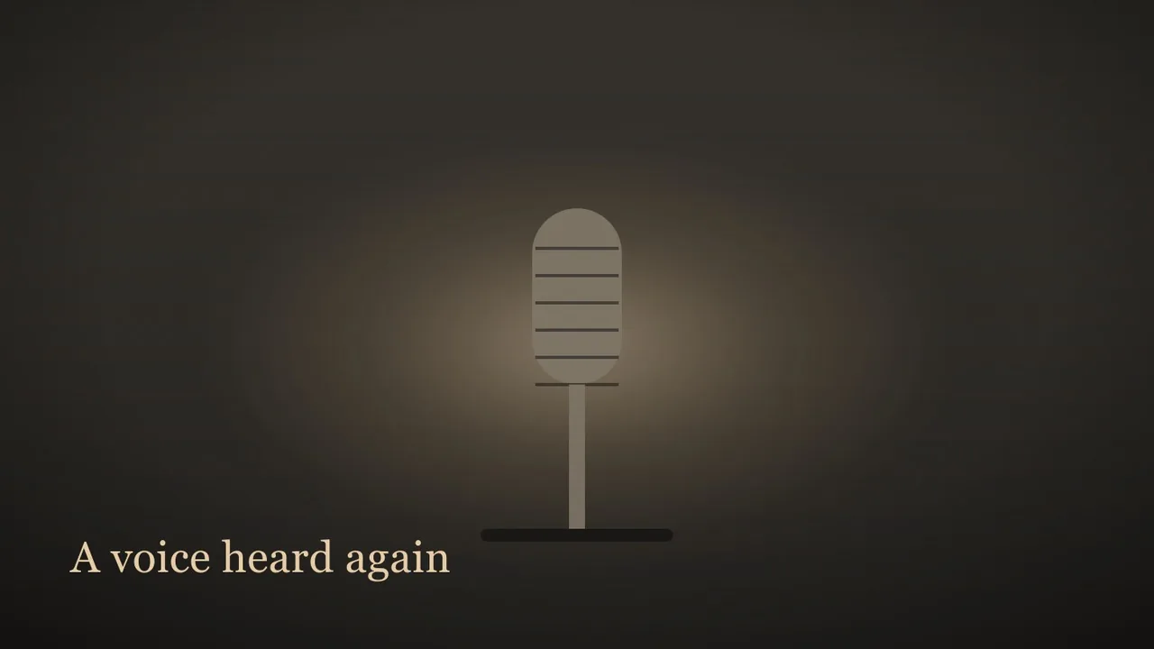 A flat conceptual editorial illustration: a single studio microphone on a boom arm in front of a warm charcoal recording-booth wall, the grille drawn as clean horizontal lines, a soft key light halo behind it. A recording booth with nobody in it. No people, no faces, no cartoon characters, no logos