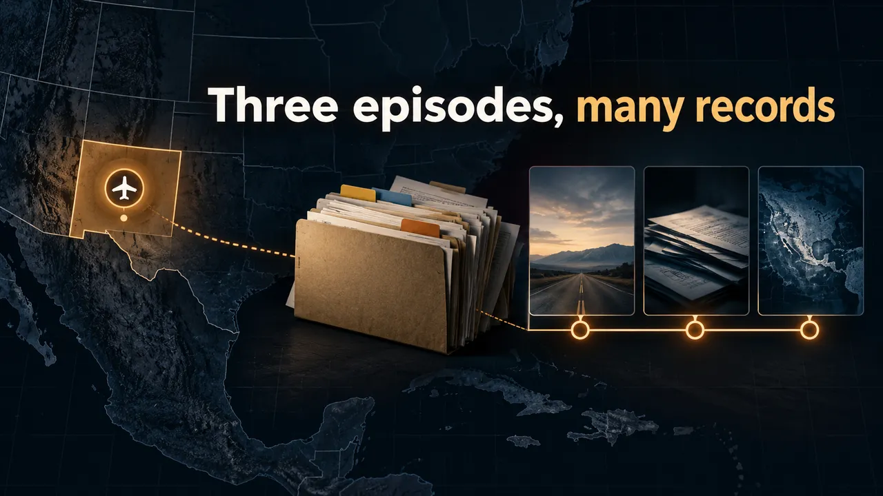 A conceptual timeline connecting a New Mexico airport marker, court documents and a three-part documentary slate.