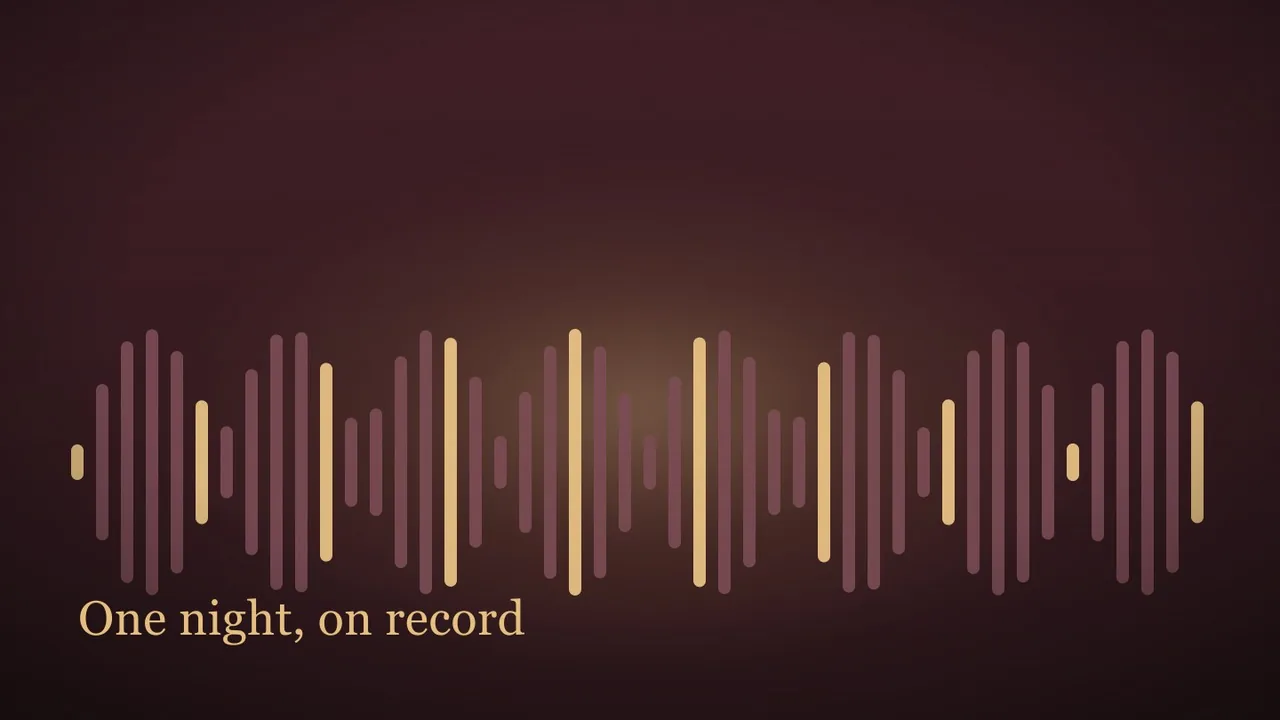 A flat conceptual editorial illustration: a wide waveform of vertical bars rising and falling across a dark burgundy field, warm brass highlights on every fifth bar, a soft glow behind the centre. Suggests a live recording turned into an album. No people, no faces, no album covers, no logos and no r