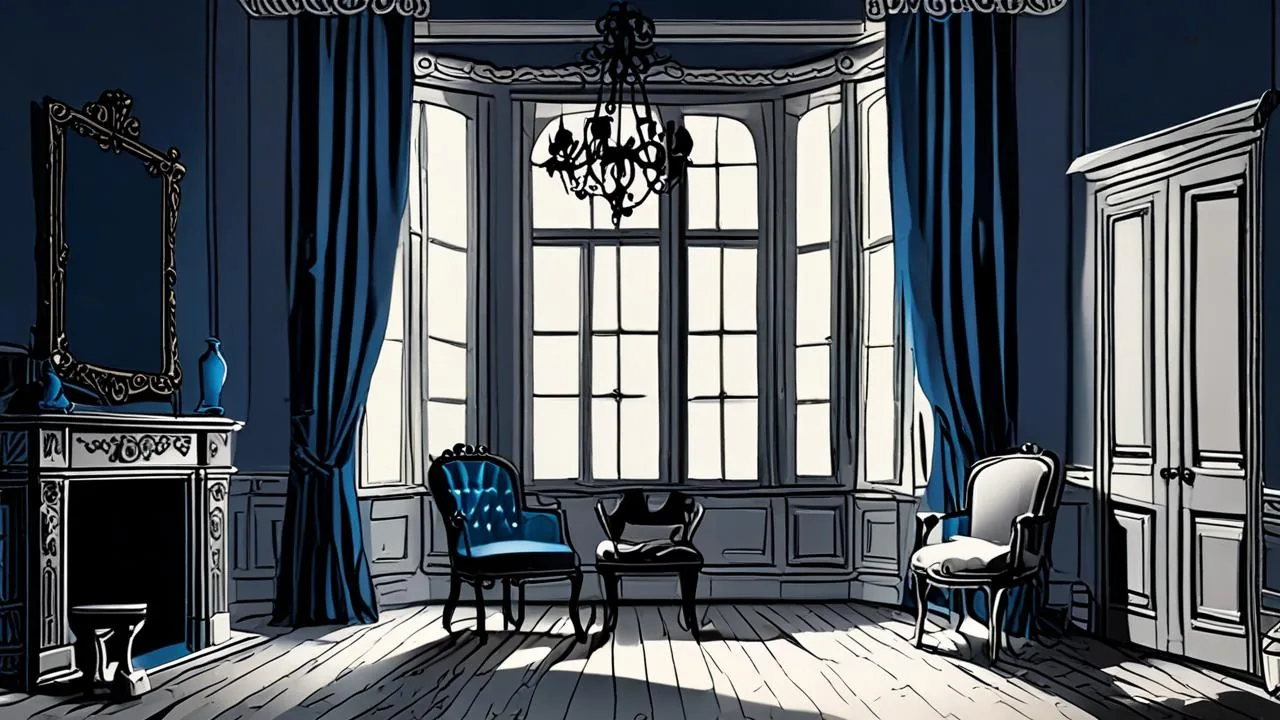 A 16:9 conceptual illustration of an empty mansion parlour at night: an ornate standing mirror on the left wall, a chandelier, tall windows with cold pale light, a fireplace and several empty chairs on a bare wooden floor; no people and no readable text.