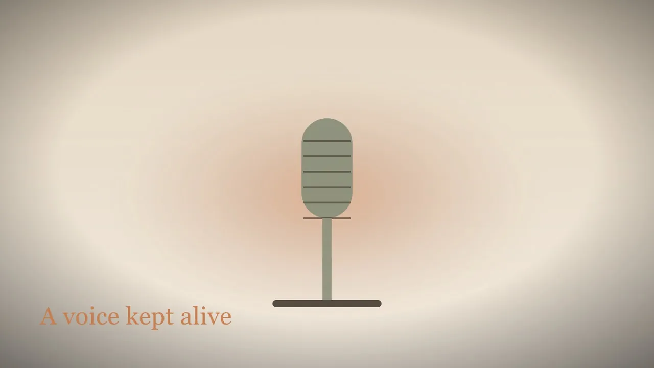 A flat conceptual editorial illustration: a vintage ribbon microphone on a straight stand against a warm cream studio wall, the grille drawn as clean horizontal lines, a soft rust floor shadow; a quiet studio corner with nobody in it. No people, no faces, no record sleeves, no logos and no readable
