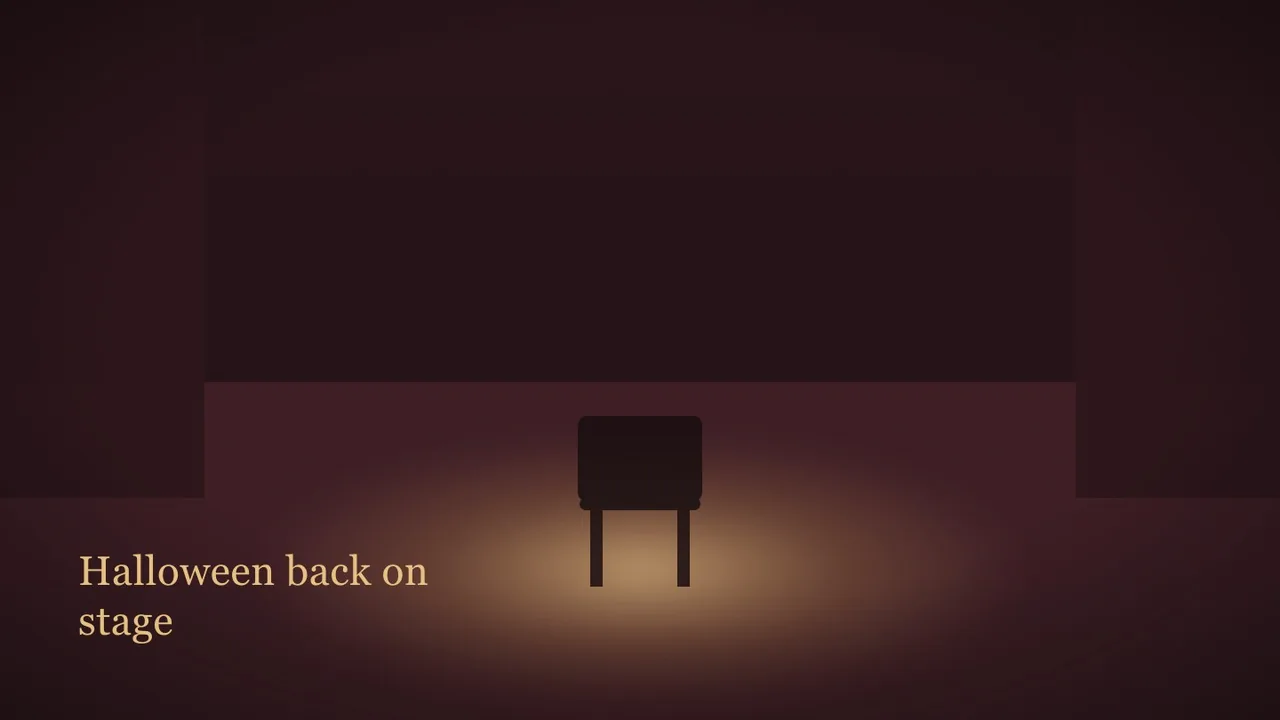 A flat conceptual editorial illustration: an empty concert stage with deep burgundy side drapes, one warm spotlight pooling on bare boards and a single microphone stand at the centre, flat geometric shapes; no costumes, no band, no audience. No people, no faces, no brand or festival logos and no rea