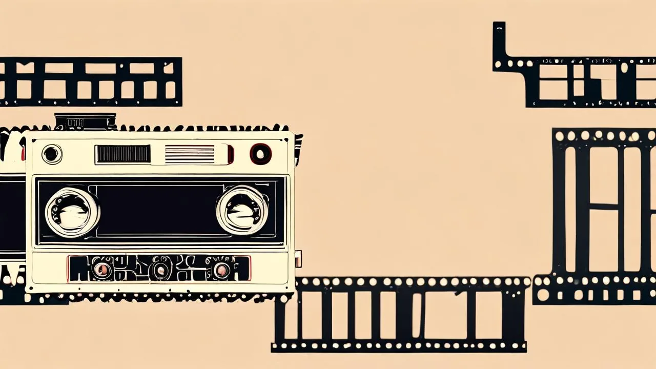 A conceptual illustration of blank film strips and an audio cassette cartridge on a plain cream background.