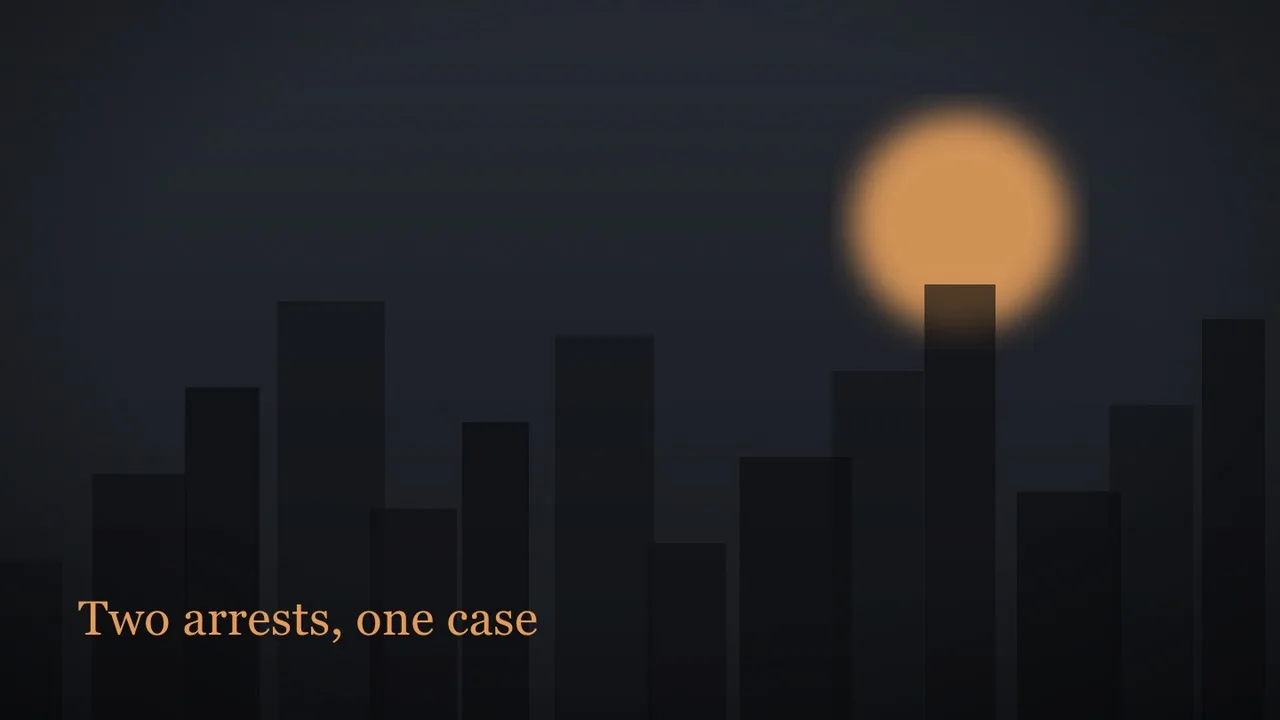 A flat conceptual editorial illustration: a dark city skyline reduced to flat blocks, a large amber moon low behind the towers, and an empty foreground in shadow.