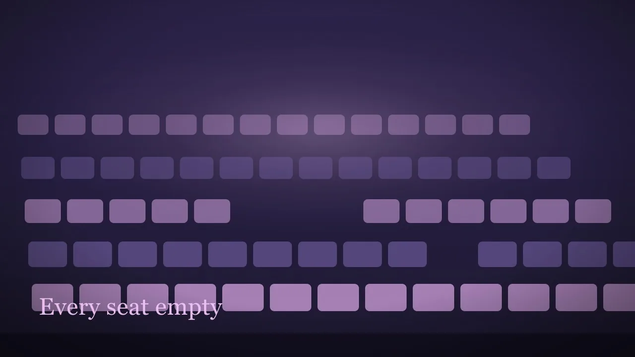 A flat conceptual editorial illustration: rows of lilac seat shapes on a deep violet field, with gaps where some seats are missing.