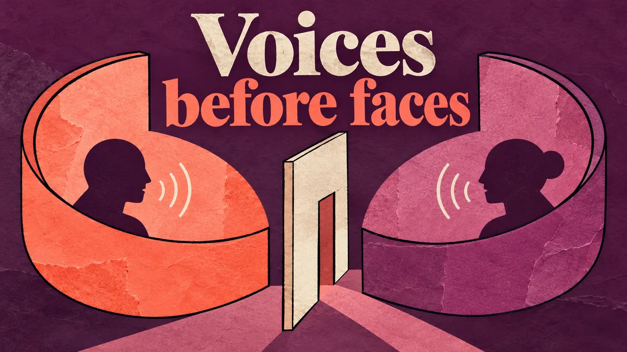 Two flat geometric conversation pods contain anonymous profile silhouettes and speech waves on either side of a dividing wall and doorway beneath Voices before faces; no calendar or participant labels appear.