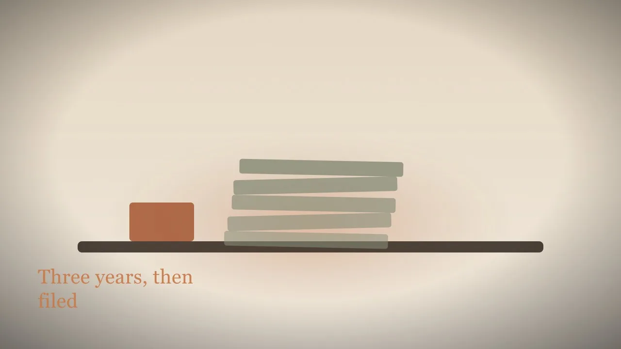 A flat conceptual editorial illustration: a pale desk edge with a small stack of blank manila folders and one sealed envelope set slightly apart, clay and cream palette with a single muted accent block, soft overhead light. Suggests paperwork filed quietly rather than a scene from the marriage. No p