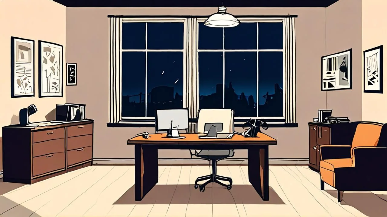 A 16:9 conceptual illustration of an empty showrunner's office at night: a desk with a blank monitor and a swivel chair, filing cabinets, framed abstract prints and a city view through a wide window. No people, no logos and no readable text.