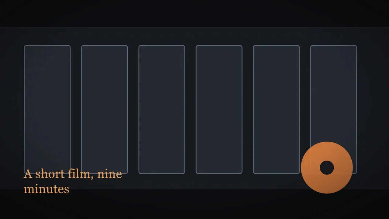 A flat conceptual editorial illustration: a strip of 35mm film running across the frame with six empty frames and sprocket holes top and bottom, a flat reel disc in the lower right corner, charcoal and burnt-orange palette. The frames are blank, not stills. No people, no faces, no film titles, no lo