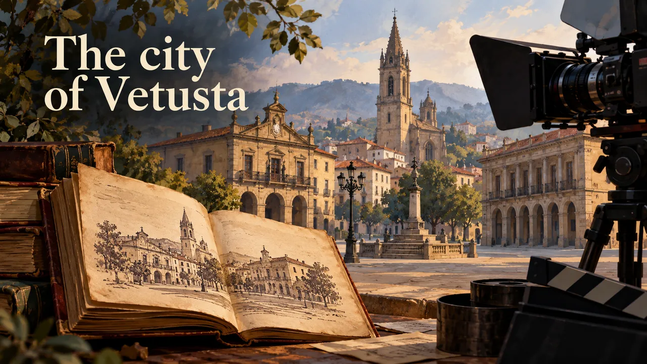 A conceptual illustration of a fictional Spanish city beside an open nineteenth-century novel and a contemporary film camera.