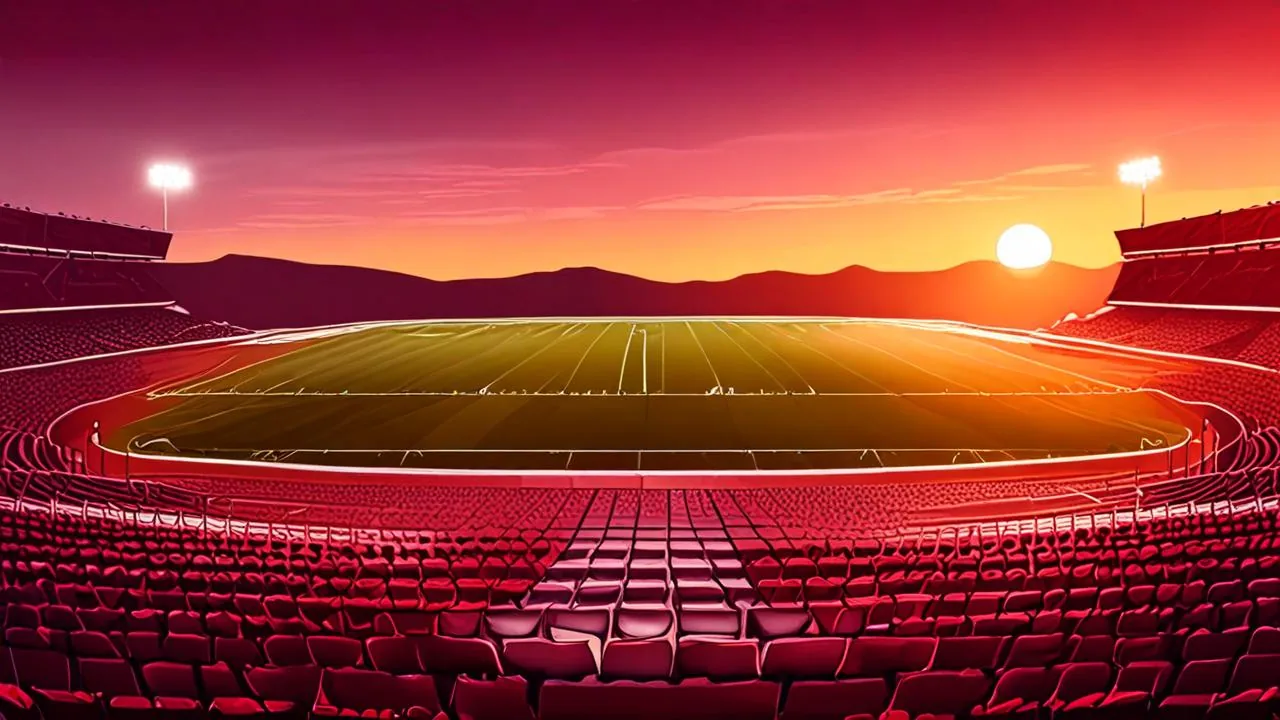 A conceptual illustration of an empty stadium bowl at dusk with floodlights on, rows of red seats and no crowd.