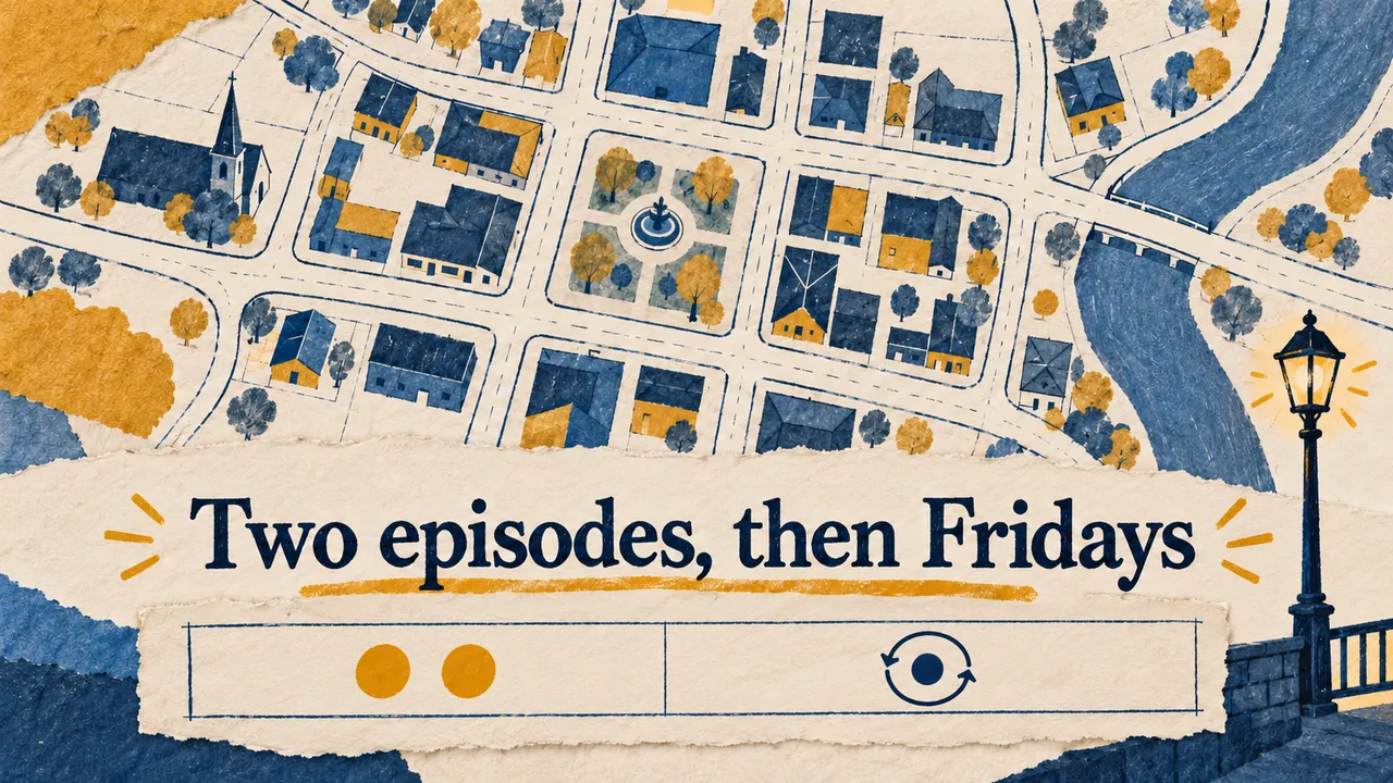 A drawn fictional town map and streetlight accompany two cadence panels: two yellow opening dots, then one blue dot with recurring arrows, beneath Two episodes, then Fridays.