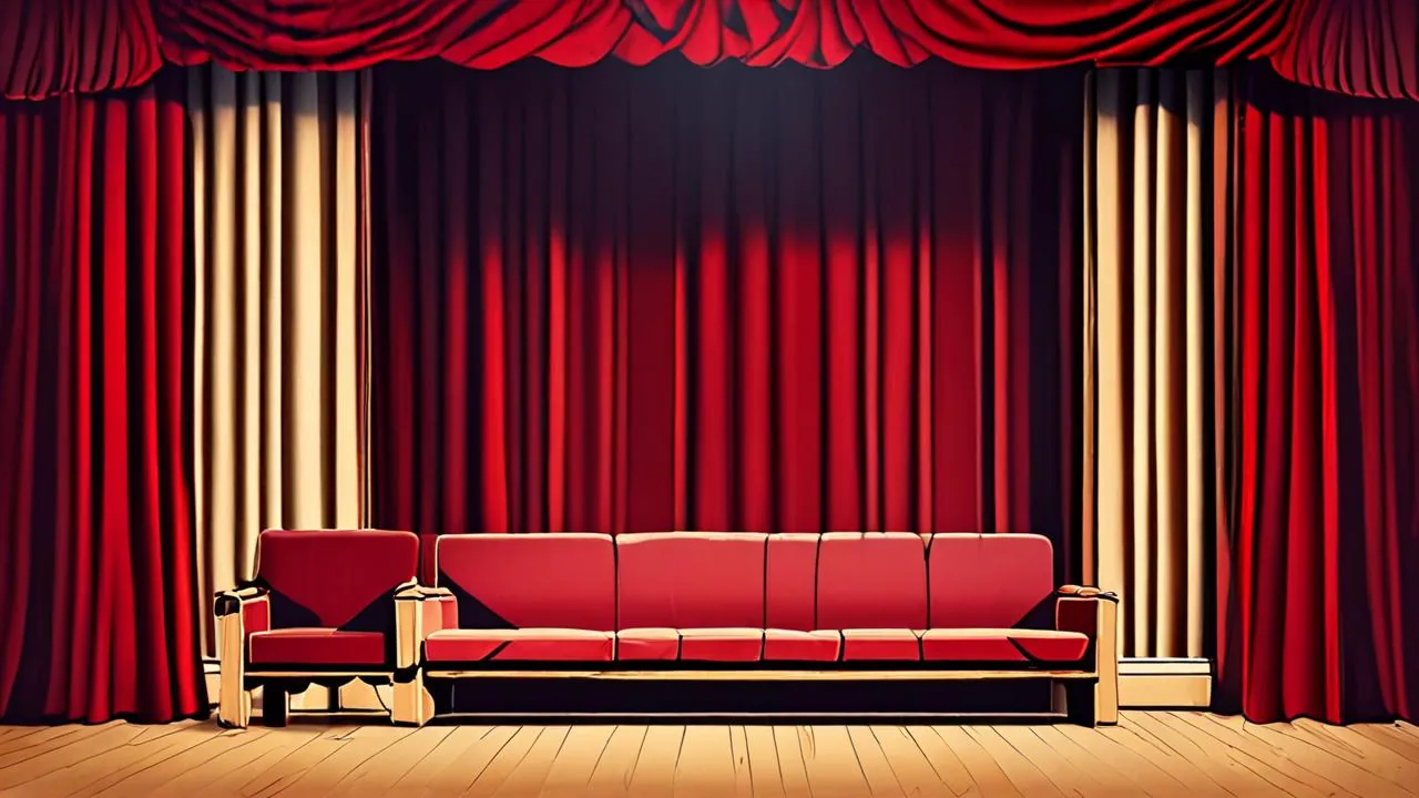 A conceptual illustration of an empty theatre stage with red velvet curtains, a red sofa and an armchair on a wooden floor.