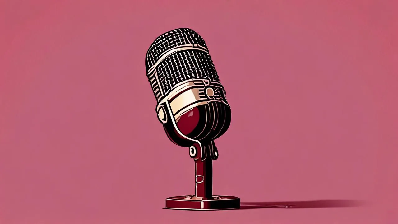 A conceptual illustration of a single vintage broadcast microphone against a plain pink background.