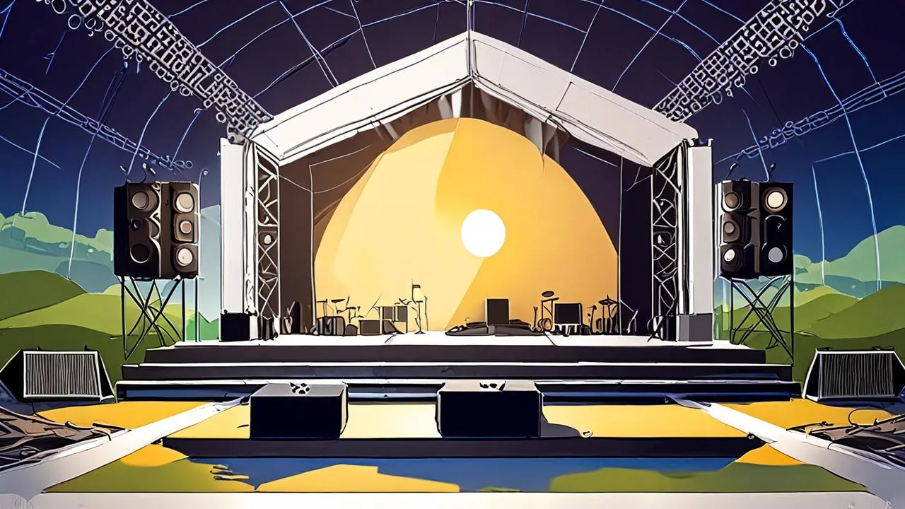 A 16:9 conceptual illustration of an empty outdoor concert stage inside a peaked white tent, with speaker stacks, a drum kit, guitars on stands and a lit backdrop.