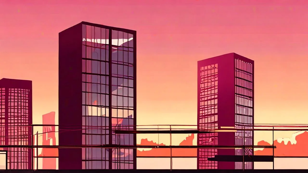 A conceptual illustration of two glass office towers at dusk linked by a horizontal walkway, with lit windows and no signage.