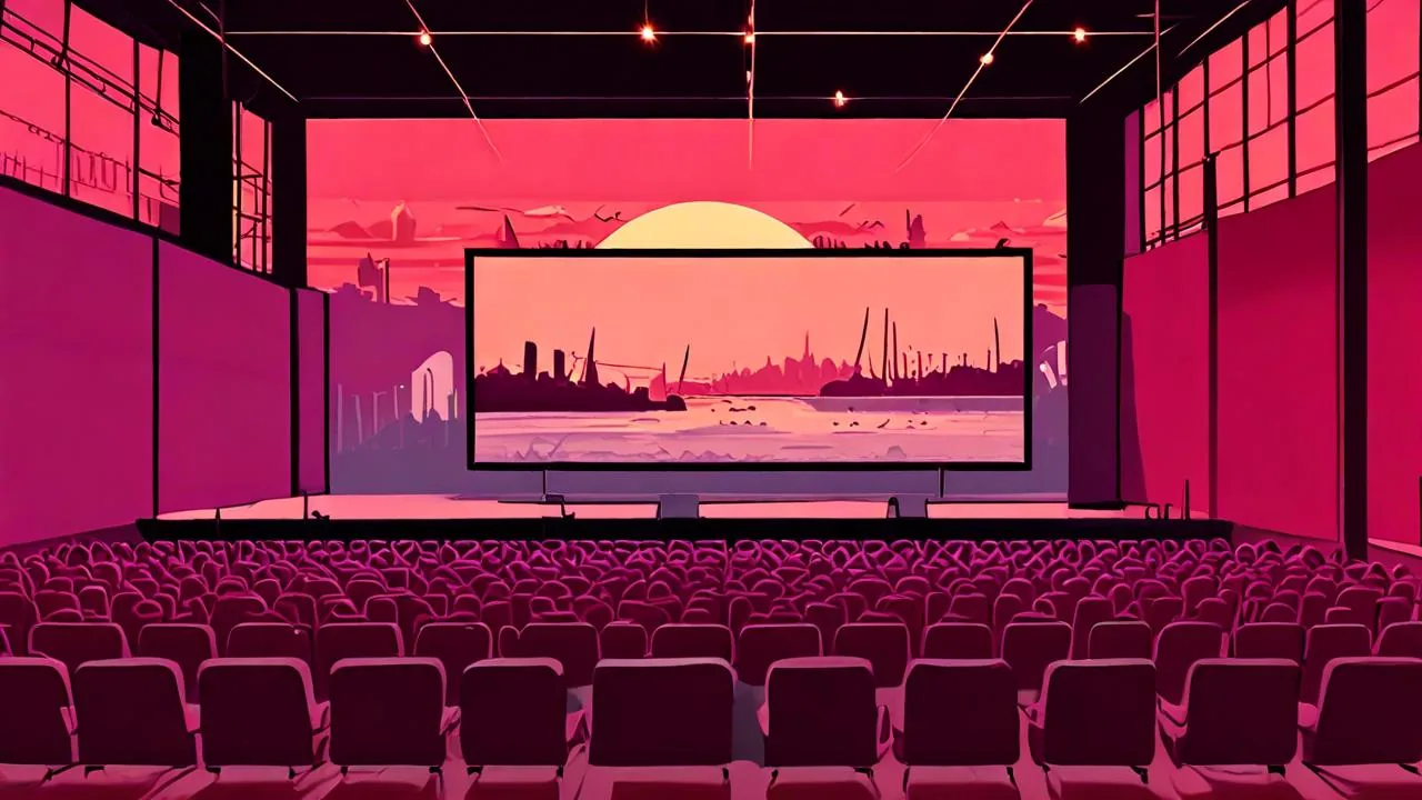 A conceptual illustration of an empty cinema auditorium with rows of dark red seats facing a screen that shows an abstract harbour skyline at sunset.