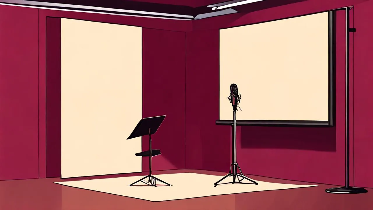 A conceptual illustration of an empty voice-recording booth with a microphone on a stand and a bare music stand.