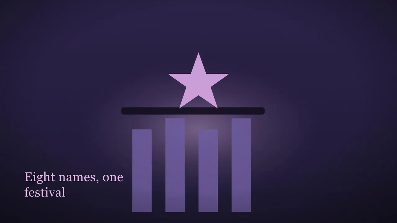 A flat conceptual editorial illustration: a row of four slim award columns on a plinth under a soft violet halo, with a single flat star trophy shape rising in the middle. Festival honours reduced to geometric solids, violet and brass palette. No people, no faces, no red carpets, no logos and no rea