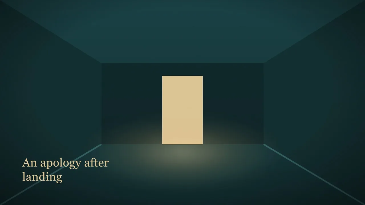 A flat conceptual editorial illustration: an airport jet bridge in one-point perspective, cool teal panels, a single lit doorway at the far end casting a warm rectangle on the floor, no signage anywhere. An empty arrival moment. No people, no faces, no airline logos, no boarding passes, no readable