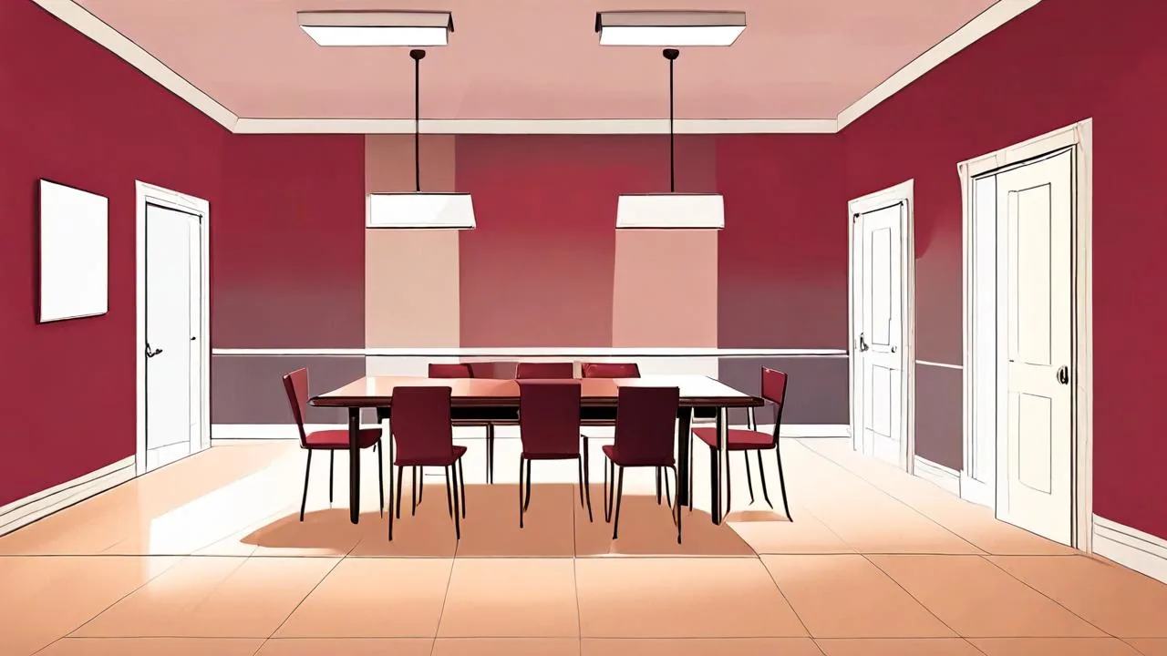 A conceptual illustration of an empty burgundy meeting room with a long table, dark red chairs and pale doors under linear hanging lamps.