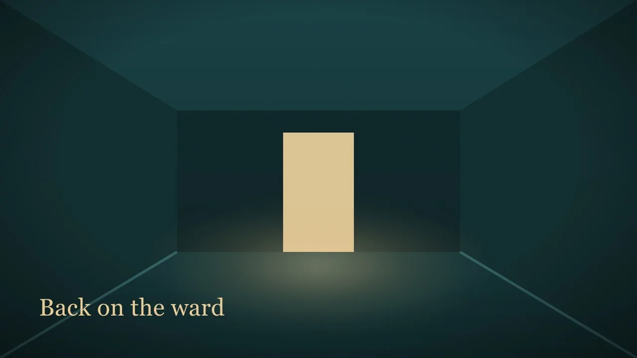 A flat conceptual editorial illustration: a hospital corridor in one-point perspective, cool teal walls, a single lit doorway at the end casting a warm rectangle of light on the floor, no signage. An empty shift change moment. No people, no faces, no medical logos, no charts and no readable text apa