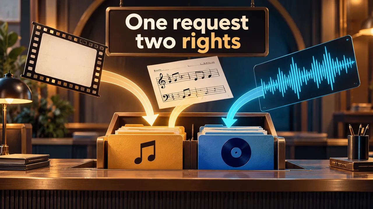 A conceptual music-licensing illustration with a sheet-music page and a recorded waveform entering one shared clearance desk.