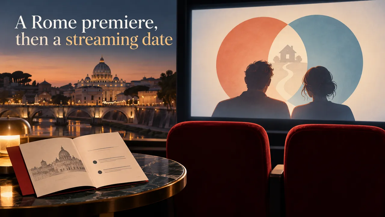 A conceptual Rome cinema program with two chairs and two overlapping family-story circles.